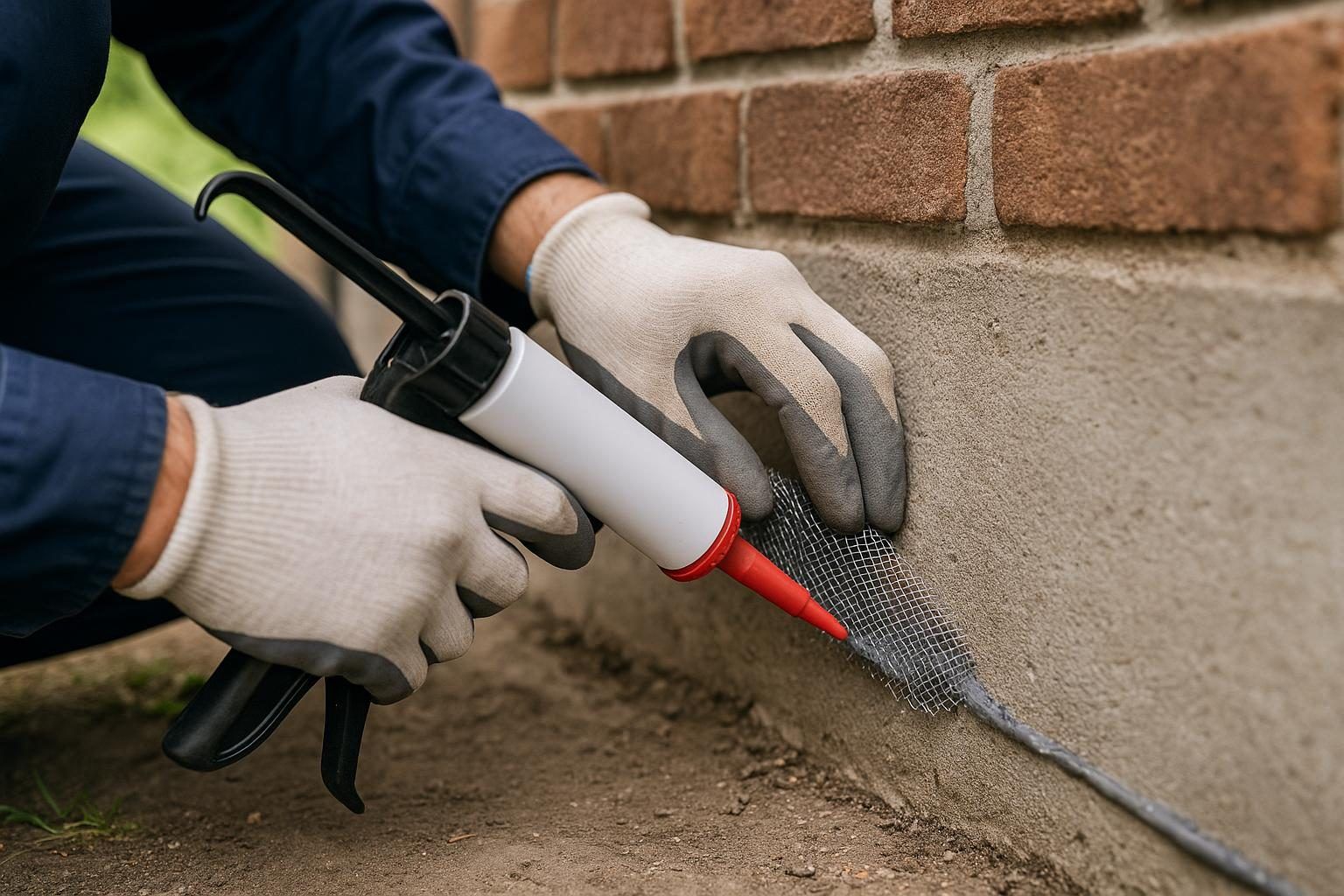 A pro sealing a foundation gap to keep rodents out of a Detroit home