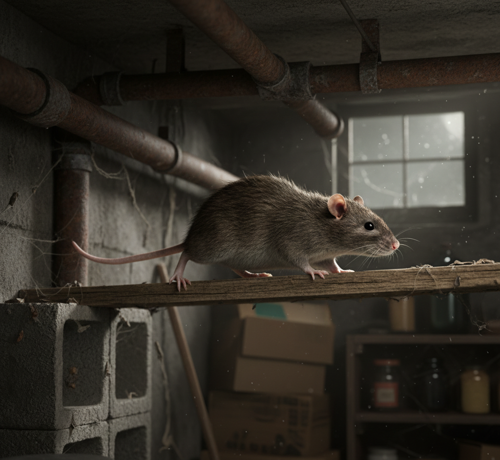 Rat in a Detroit basement near old pipes and boxes — professional Rodent Control in Detroit.