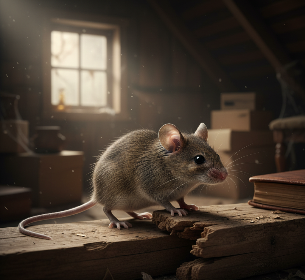 Mouse in an attic with sunlight filtering through a window — attic Rodent Control in Detroit.