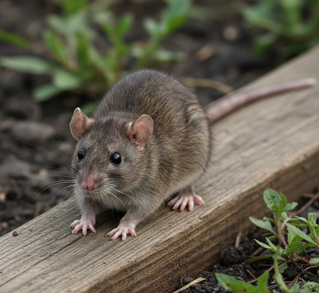 Brown rat outdoors on a wooden plank near plants — outdoor Rodent Control in Detroit.