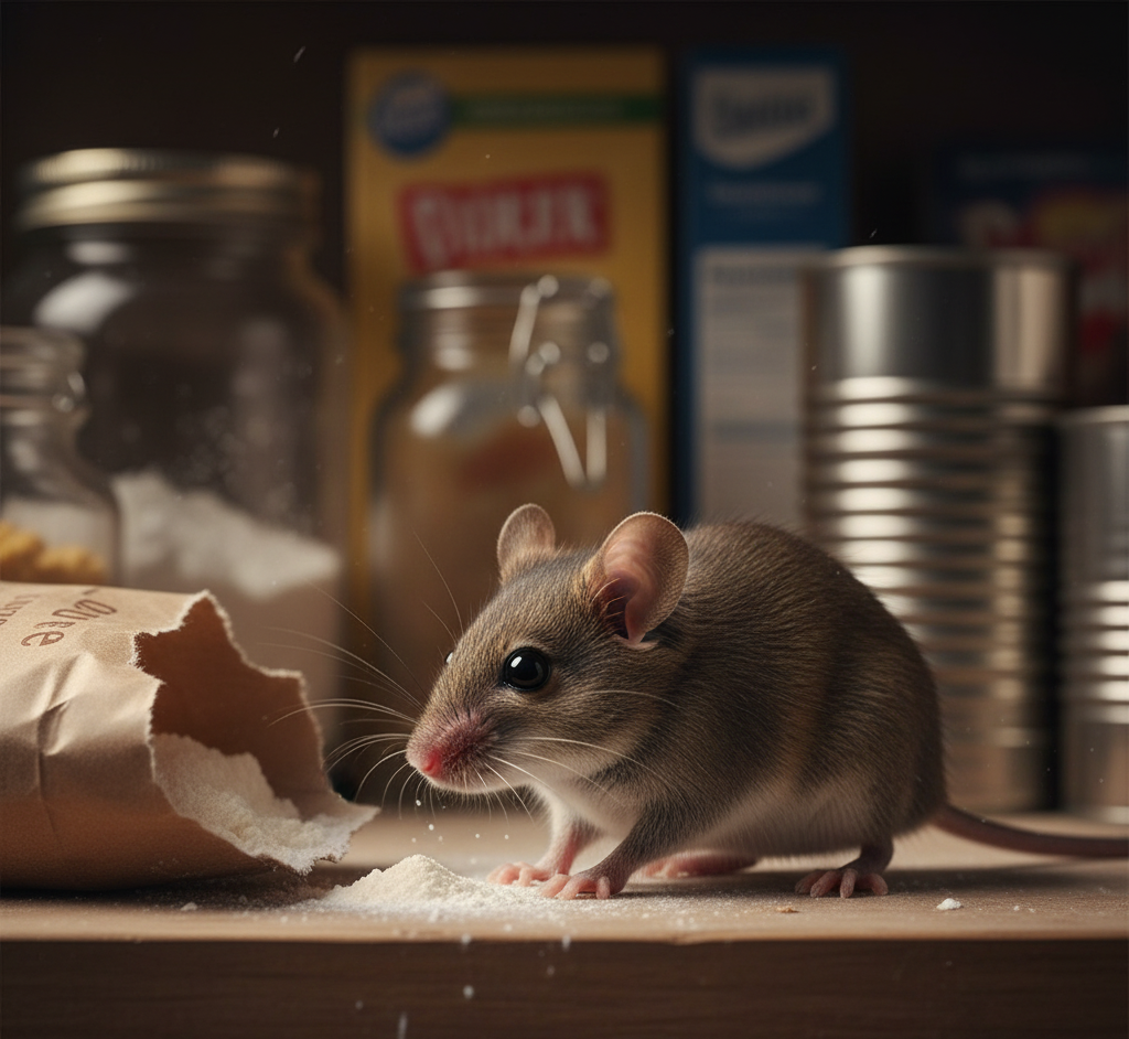 Mouse chewing through food packaging on a kitchen shelf — trusted Rodent Control in Detroit kitchens.