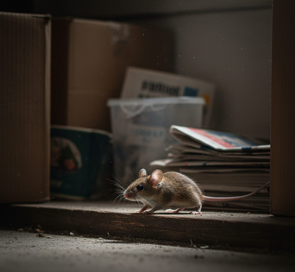 Mouse hiding among cardboard boxes and clutter — expert Rodent Control in Detroit homes.